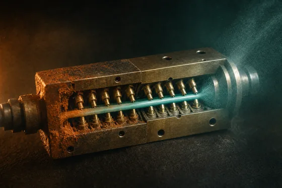 A cutaway brass extrusion head on dark stone, its left half crusted rust orange and its right half polished, with a clean teal ribbon running through the centre into a fine teal mist.