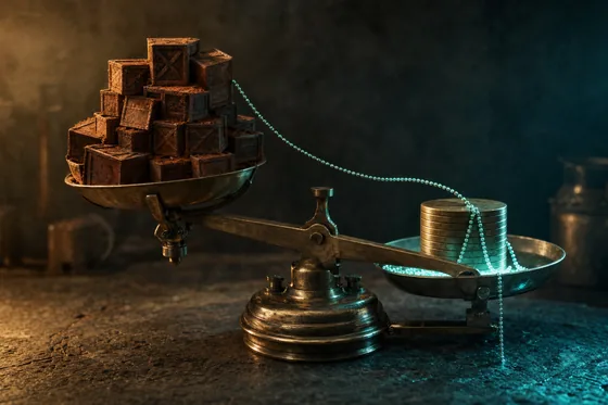 A large brass balance scale, the left pan piled with dull rust dusted crates and the right holding a neat stack of polished brass discs lit from beneath with teal, a fine teal thread of beads running from the crates to the discs.