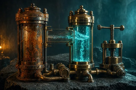 Two tall brass refining columns joined by pipework to a screw press, the left column crusted with rust and the right lit from within by teal, a bright teal flow running between them.