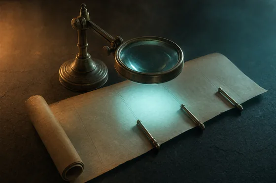 A heavy brass magnifying loupe standing over an unrolled strip of pale ledger paper, the paper under the lens lit cold teal and three slim brass markers laid across the sheet.