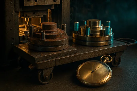 Two heavy stamping dies on a low staging cart beside an open press, the removed die rust dusted and the staged replacement polished brass with teal lit guides, a large brass stopwatch in the foreground.