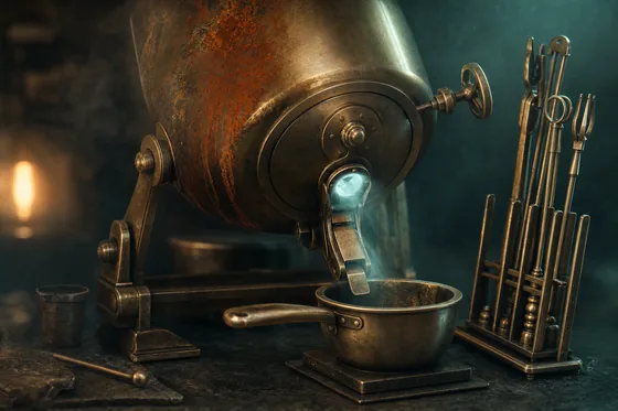 A heavy brass furnace vessel tilted toward a tapping spout above a waiting ladle, its left flank scarred and rust orange and its right clean brass with a teal glow at the taphole, a neat rack of brass tools standing ready.