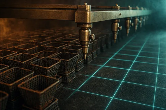 A brass gantry hung with fine nozzles standing over a dark floor, crowded with dull rust dusted wire baskets on the left and cleared on the right to a grid of teal lit lines.