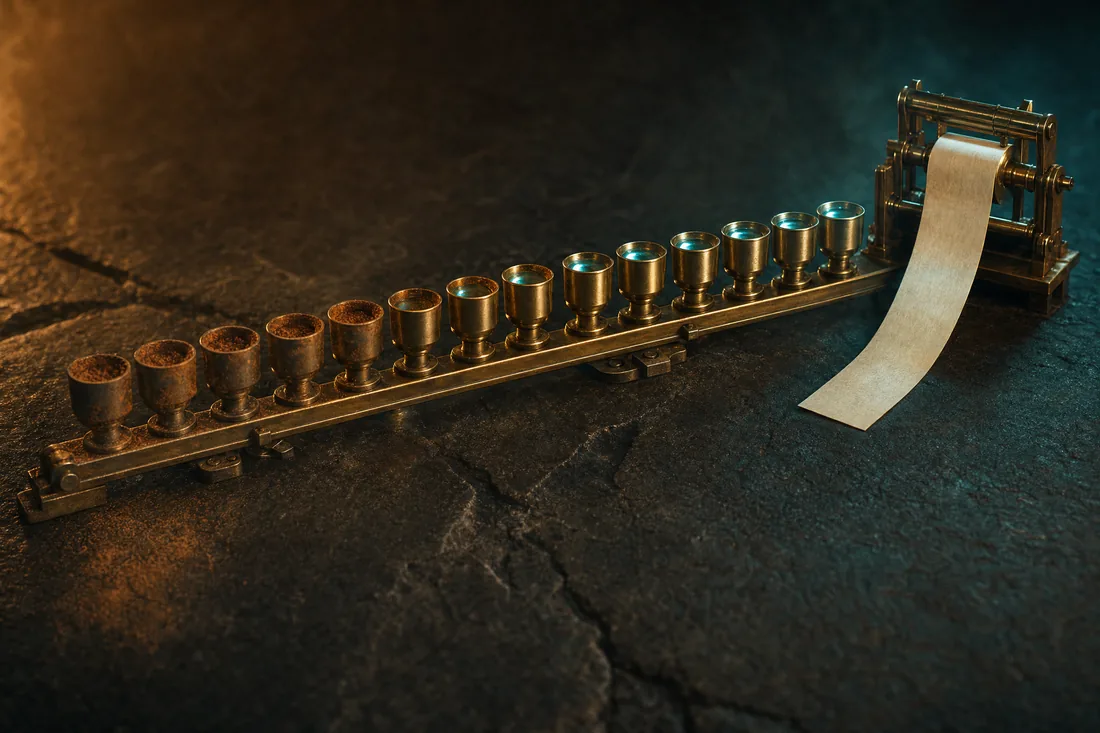 A rail of thirteen brass forming tools receding into the dark, the nearest dulled with rust and the furthest polished and lit from inside with teal, a small brass counter unrolling a strip of ledger paper at the end of the rail.