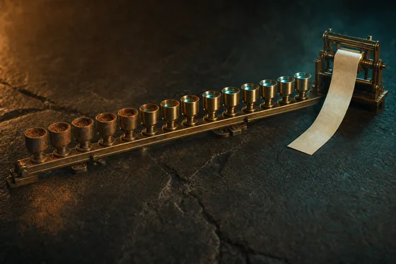 A rail of thirteen brass forming tools receding into the dark, the nearest dulled with rust and the furthest polished and lit from inside with teal, a small brass counter unrolling a strip of ledger paper at the end of the rail.