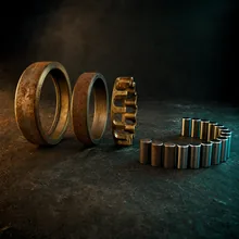 A brass roller bearing laid out in order, the parts on the left rust dusted and those on the right polished with teal light in the roller faces, on dark stone.
