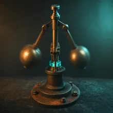 A brass centrifugal governor caught mid rotation, its spindle collar lit from within by teal, on dark stone.
