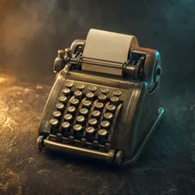 A brass mechanical adding machine with teal lit keys and a curl of pale paper tape, on dark stone.